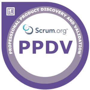 A purple and white sticker with the scrum. Org logo