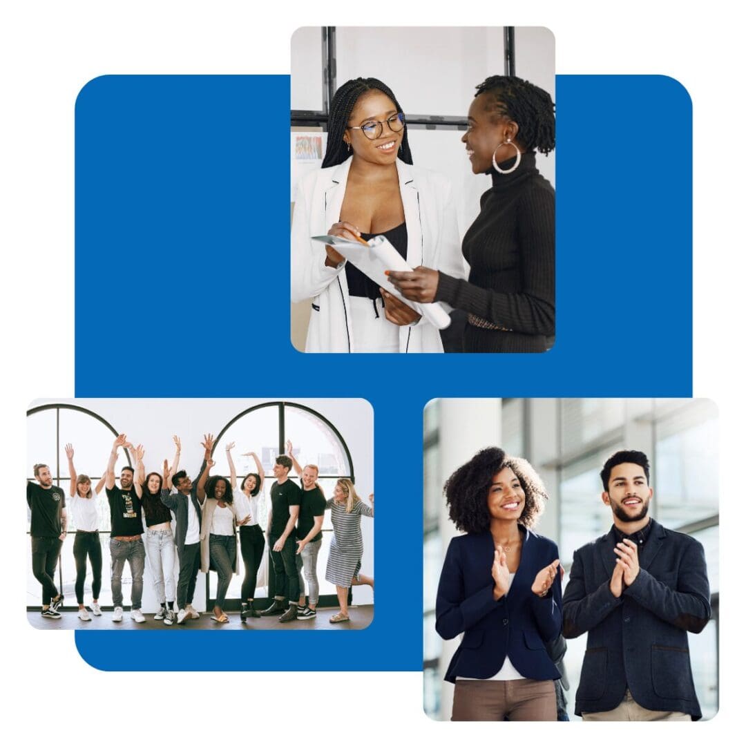 Professionals collaborating and celebrating in office settings.