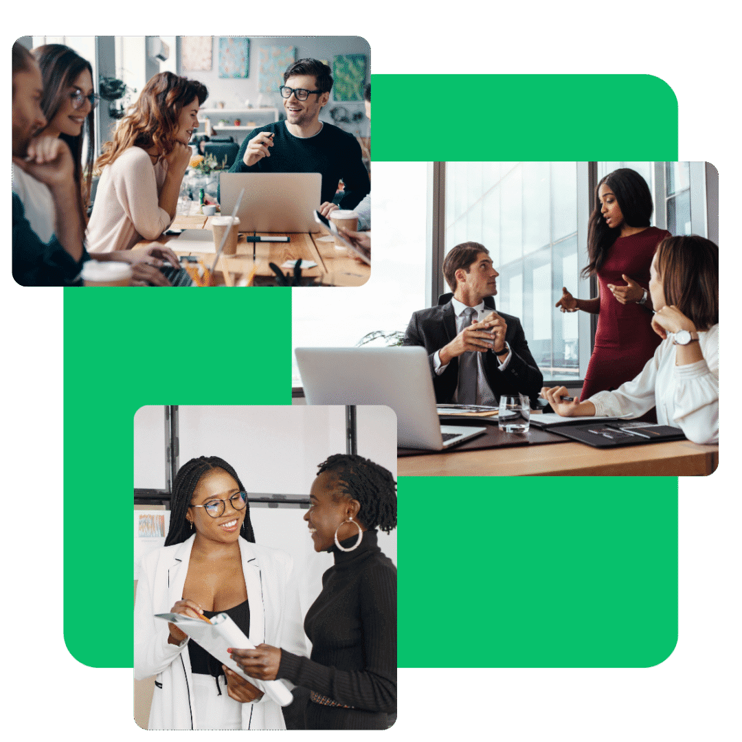 Group of diverse professionals in discussion.