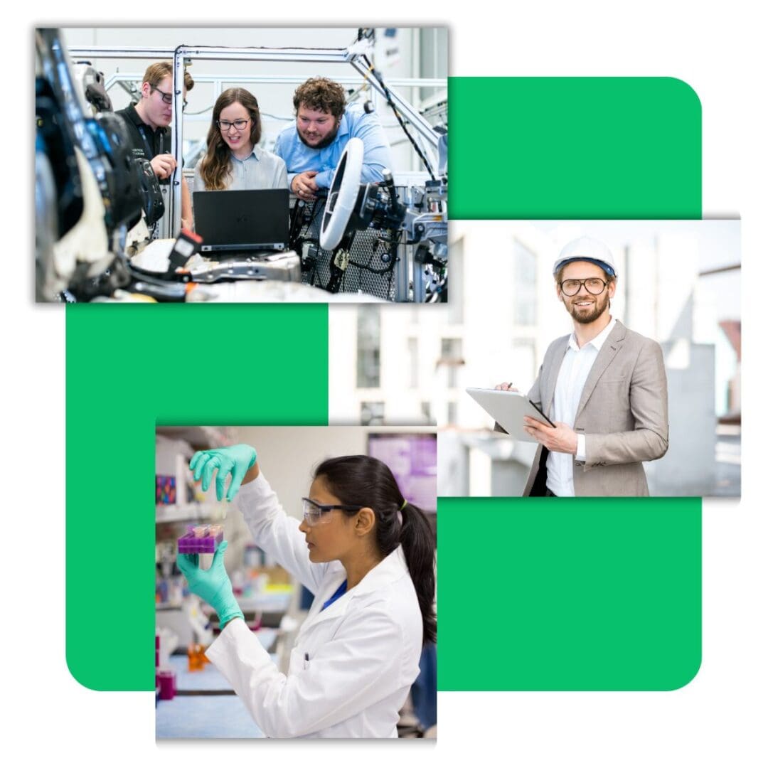 Collage of people in various professional settings.