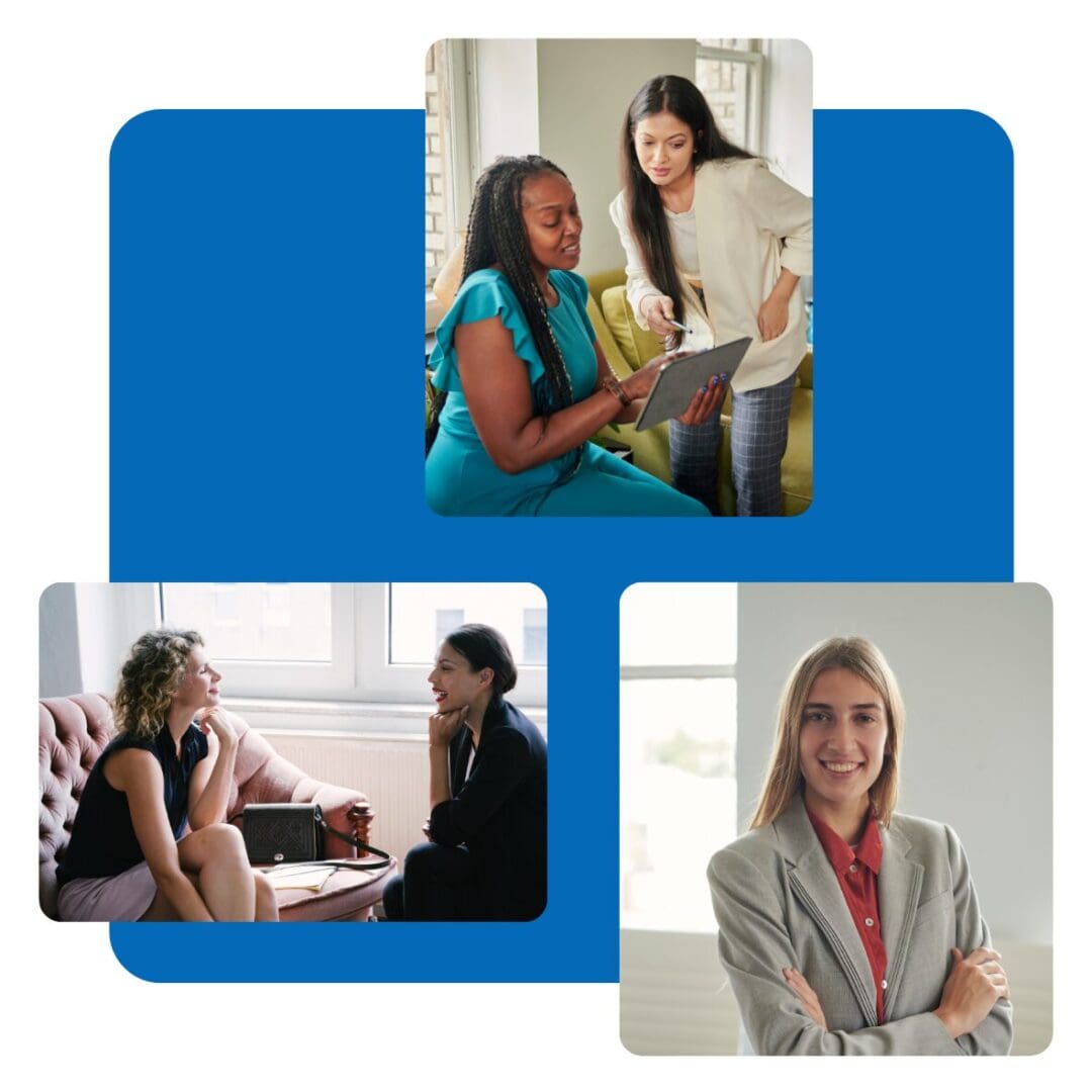 Women collaborating and smiling in various settings.